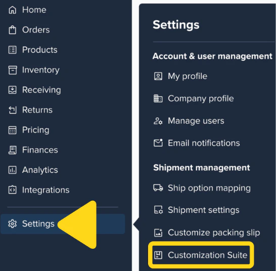 Dashboard Settings menu expanded with the Customization Suite option highlighted
