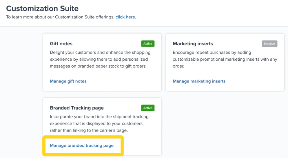 Customization Suite page with the Branded Tracking page tile and the Manage branded tracking page link highlighted