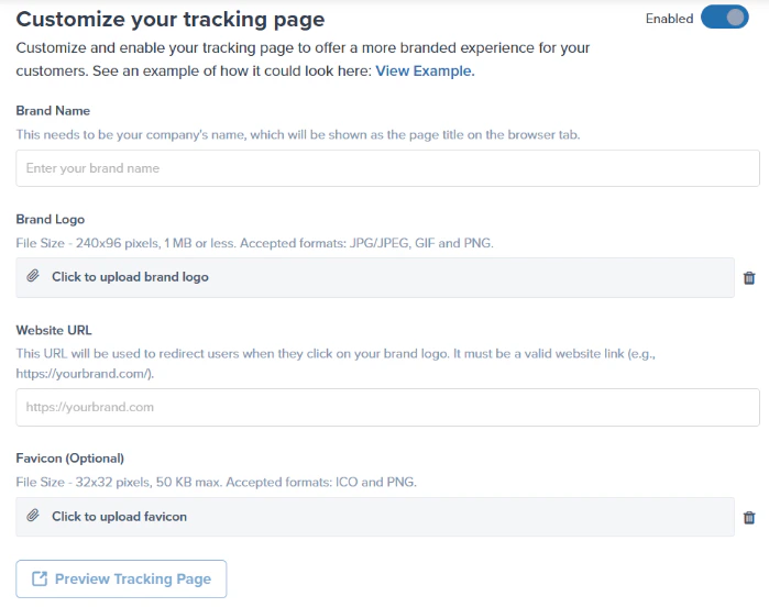 Branded Tracking page form showing Brand Name, Brand Logo, Website URL, and Favicon fields with the Preview Tracking Page button