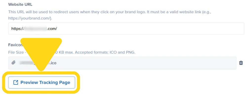Preview Tracking Page button highlighted on the Branded Tracking page