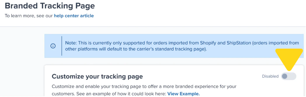 Disabled toggle highlighted at the top of the Branded Tracking page