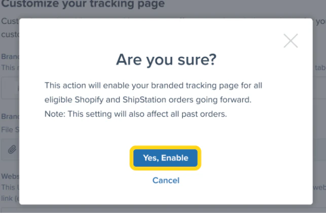 Are you sure confirmation dialog with the Yes, Enable button highlighted