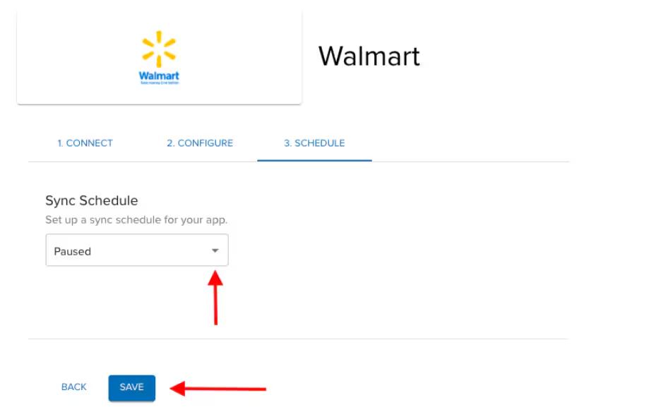 My Apps page showing Walmart integration with Active status and Manual Sync Now button