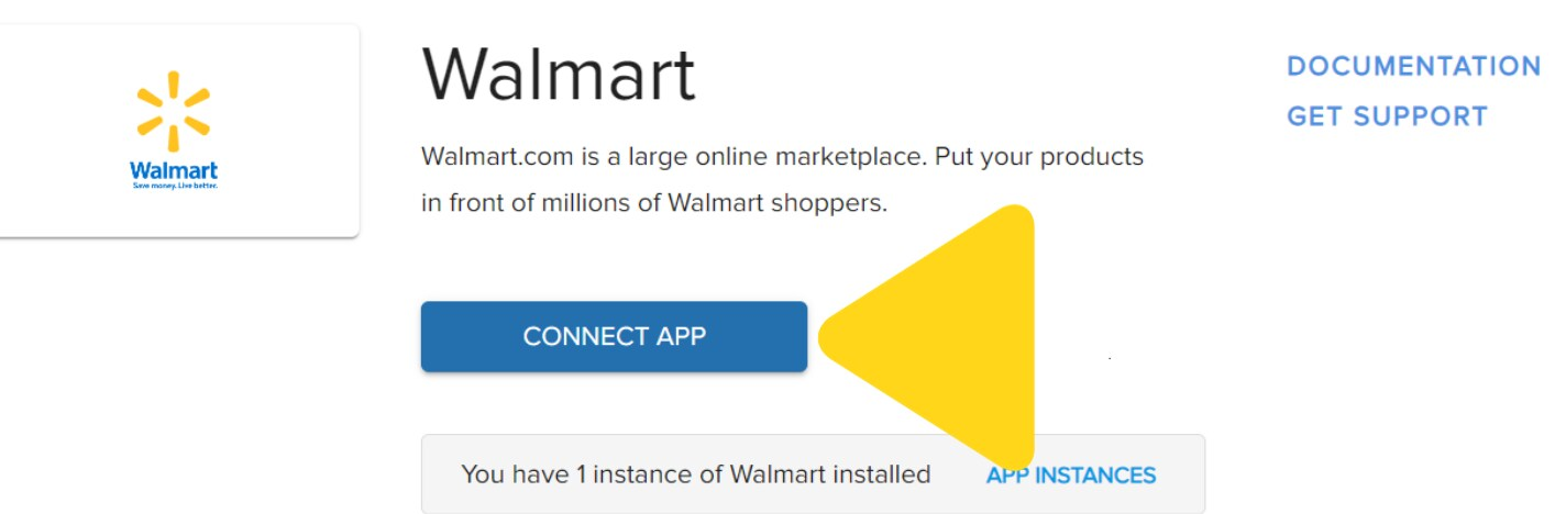Walmart integration details page showing Connect App button