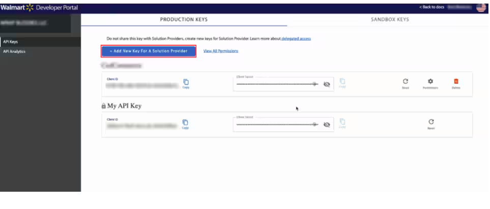 Walmart Developer Portal showing Add New Key For A Solution Provider button