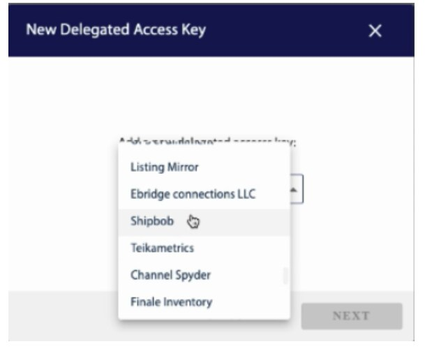 New Delegated Access Key dialog with ShipBob selected from solution provider dropdown