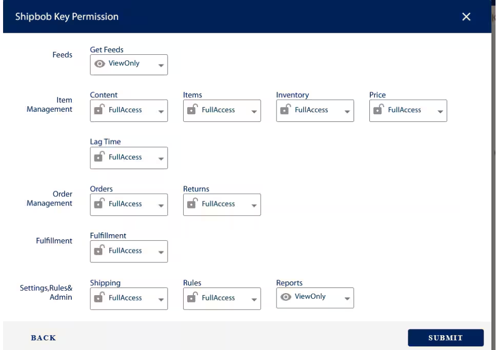 ShipBob Key Permission screen showing full access permissions for all categories