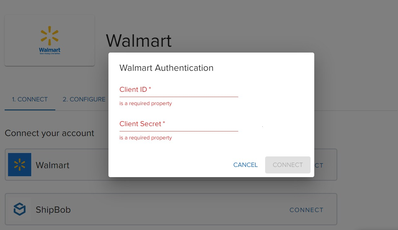 Walmart Authentication dialog with Client ID and Client Secret fields, and ShipBob connection button