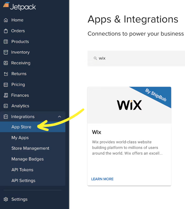 Apps & Integrations page showing Wix integration tile in App Store