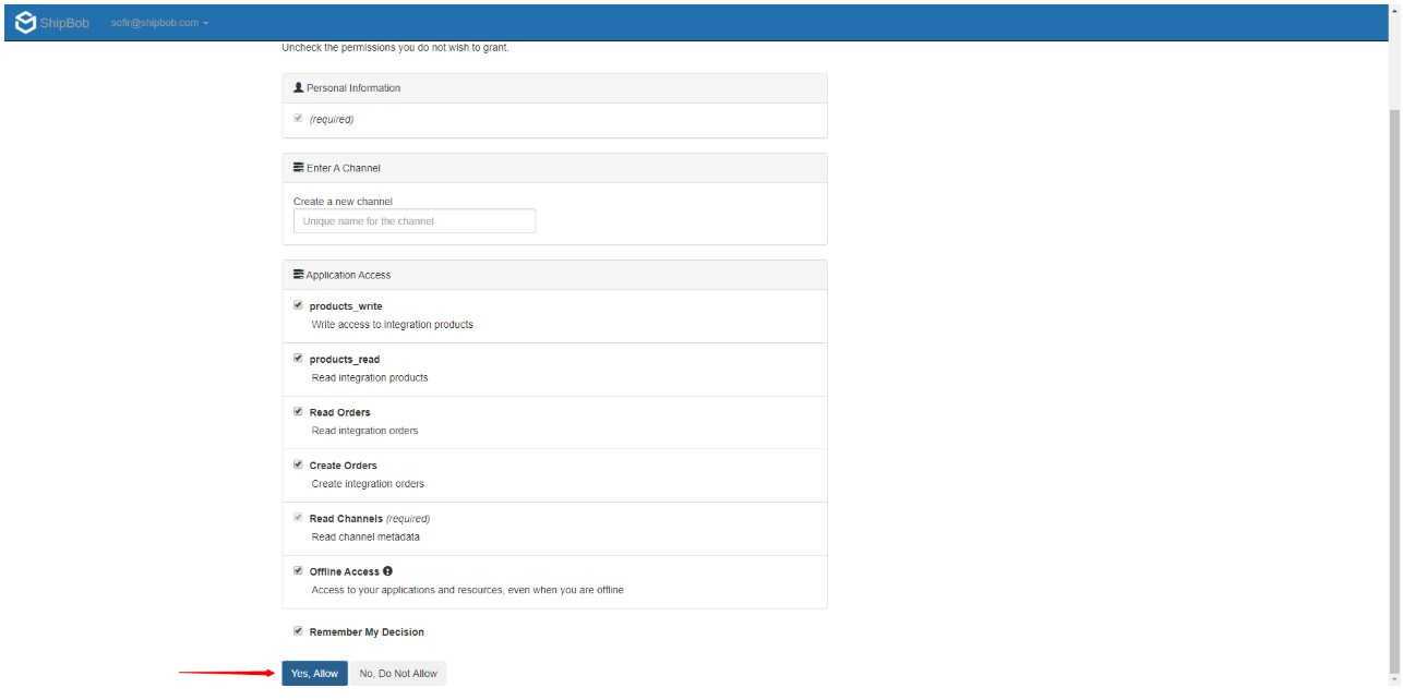 Application Access screen showing checkboxes for products, orders, and inventory access