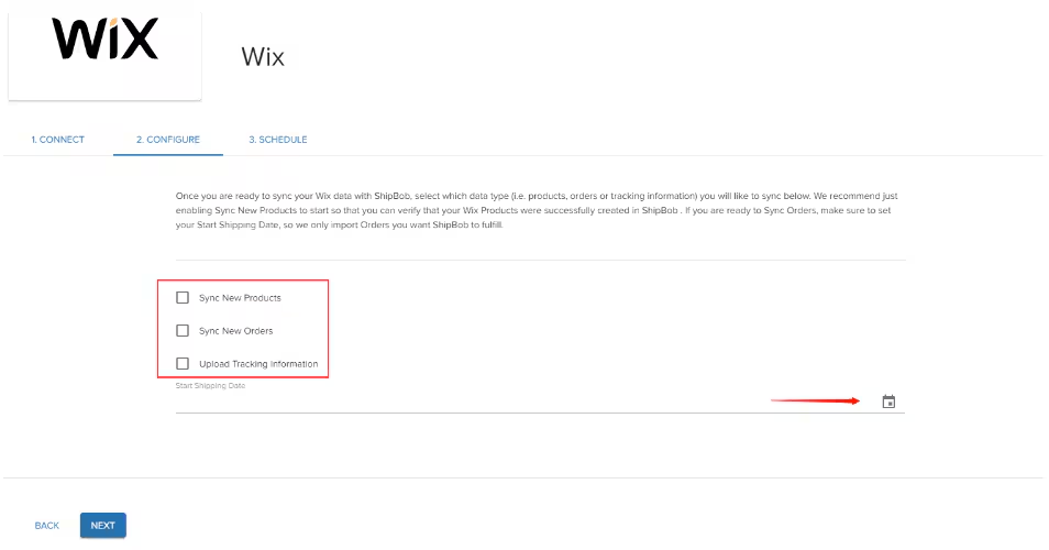 Configuration screen showing sync options for products, orders, and tracking information