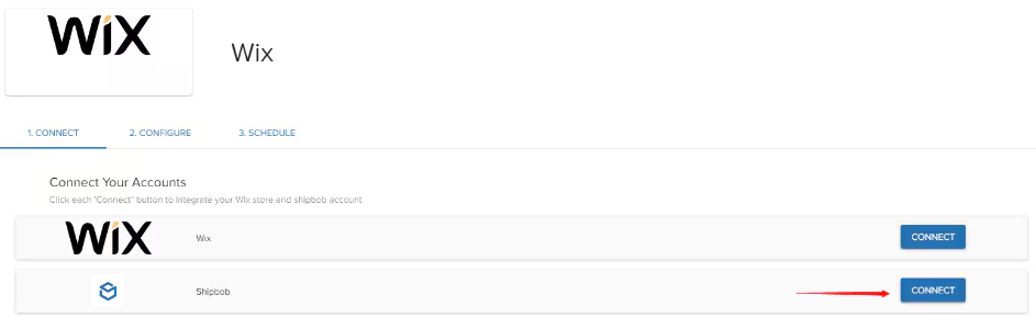 Connect Your Accounts screen showing Wix connection option