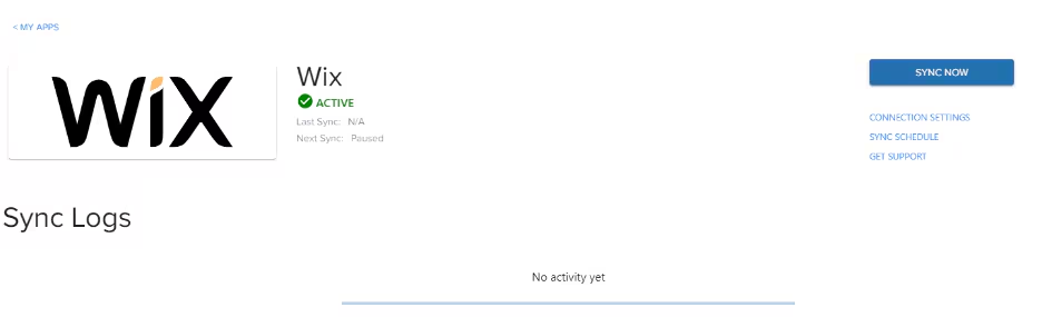Wix integration status showing Active with Sync Now button and Sync Logs section