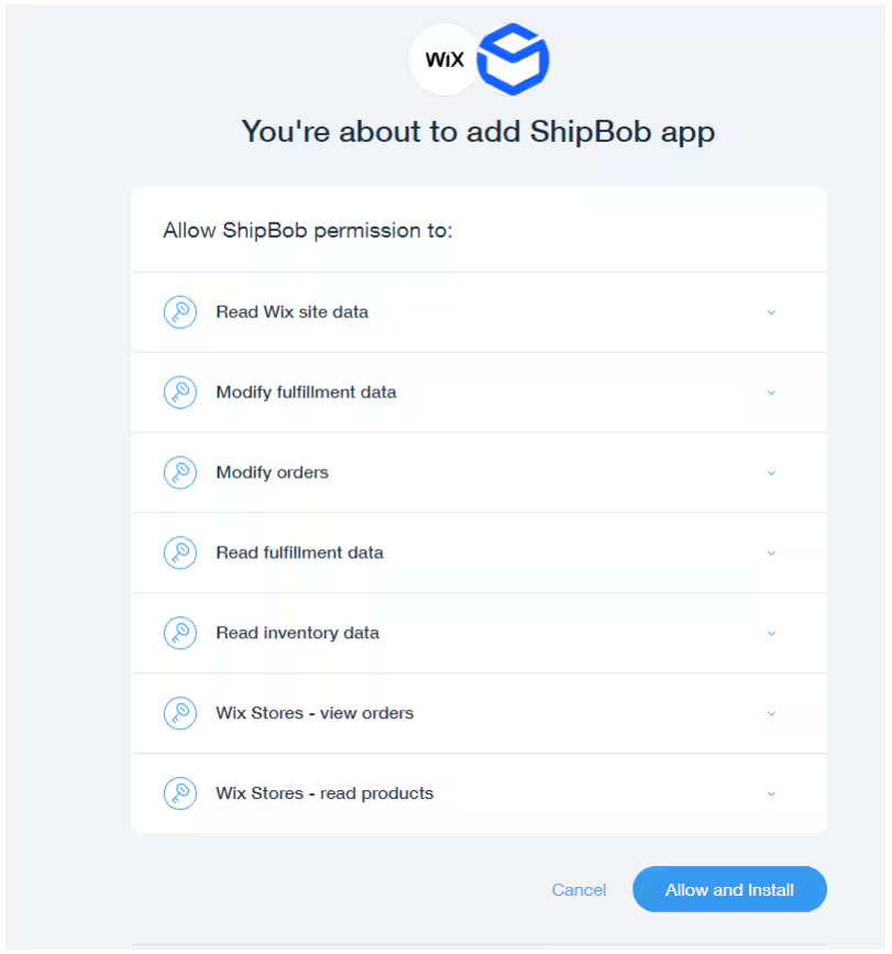 Permission dialog showing data access request for Wix site data, fulfillment, orders, inventory, and products