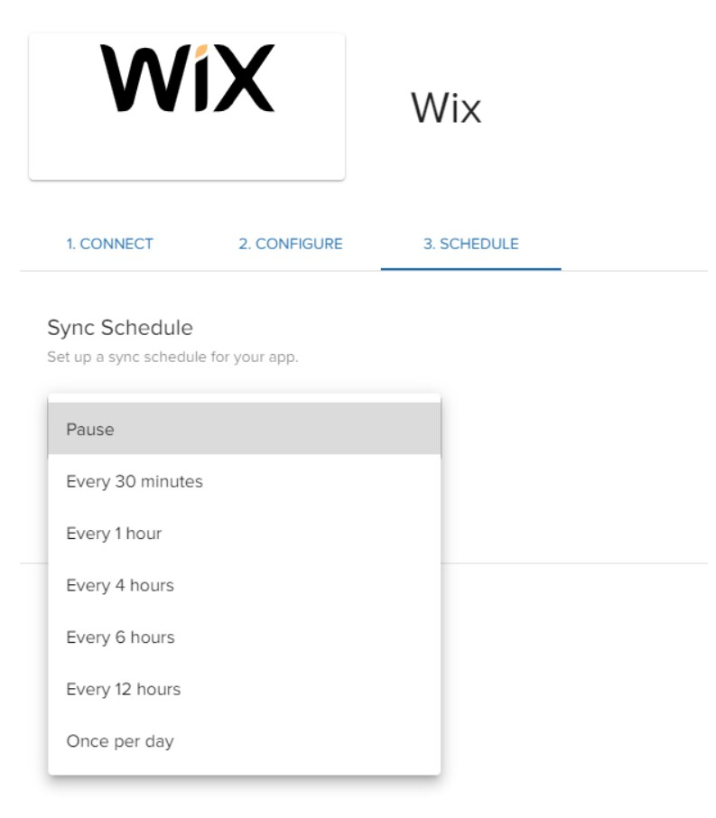 Sync Schedule dropdown showing frequency options from Pause to Once per day