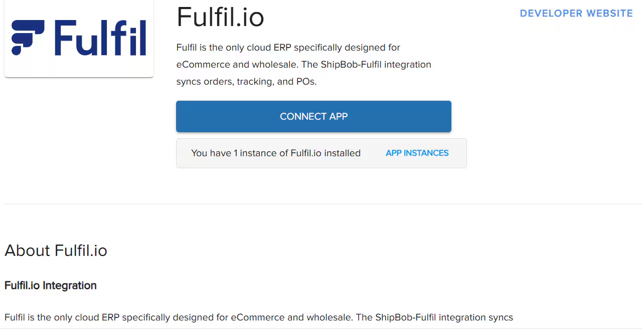 Fulfil.io details page with CONNECT APP button