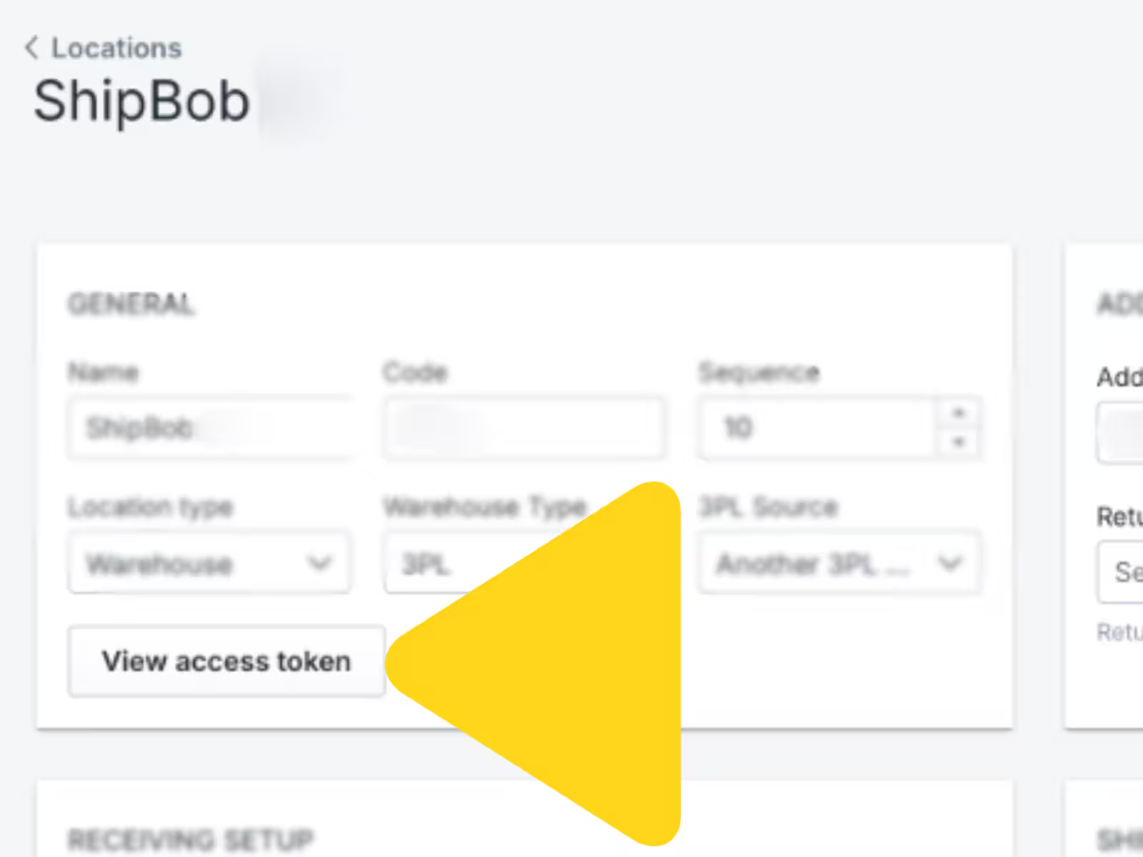 Fulfil.io location page with View access token button