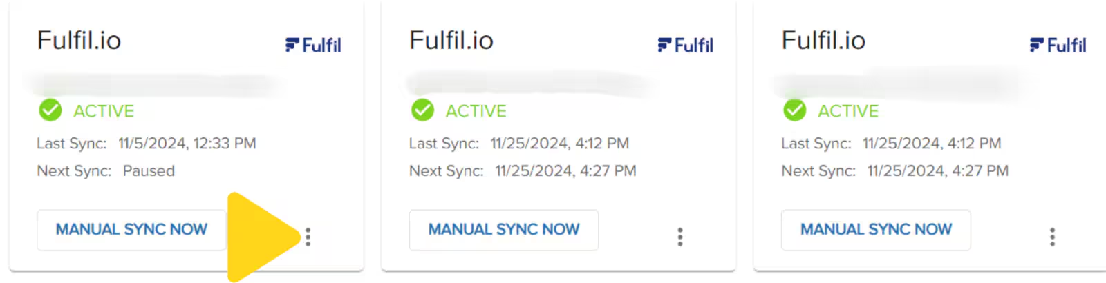 Fulfil.io integration card with three vertical dots menu