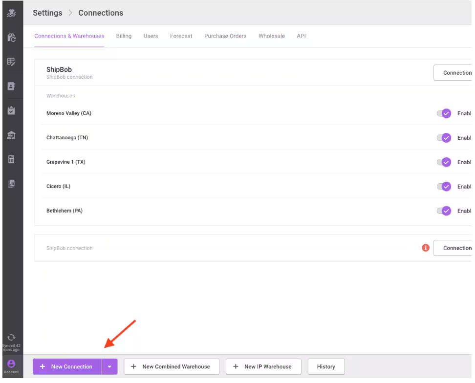 Inventory Planner Settings page showing New Connection button with list of warehouses
