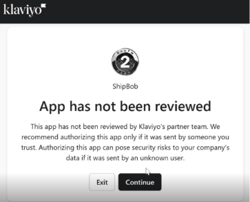 App has not been reviewed warning dialog with Continue button