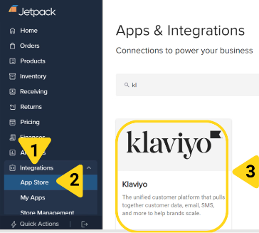 Apps & Integrations page with Klaviyo tile visible
