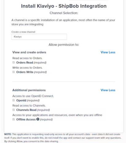 Install Klaviyo - ShipBob Integration dialog showing channel selection and permissions