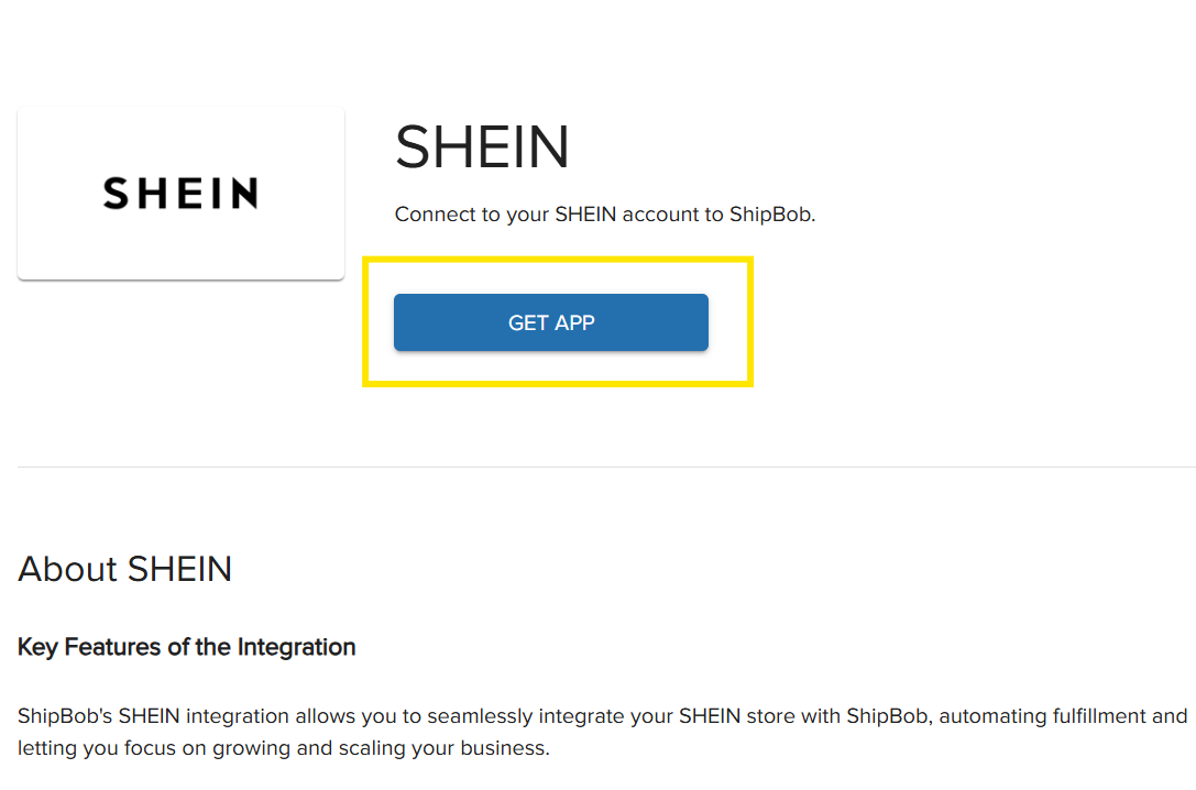 SHEIN app page with GET APP button and integration details