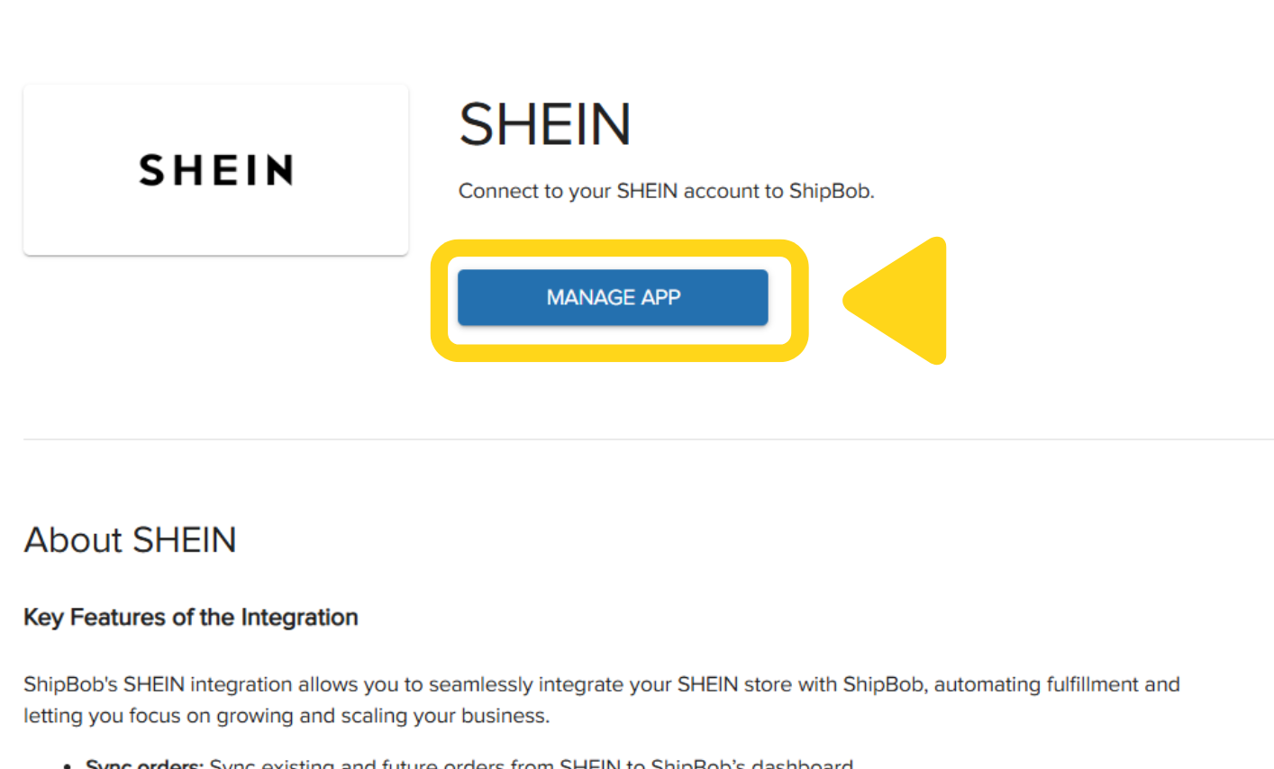 SHEIN app page with MANAGE APP button highlighted