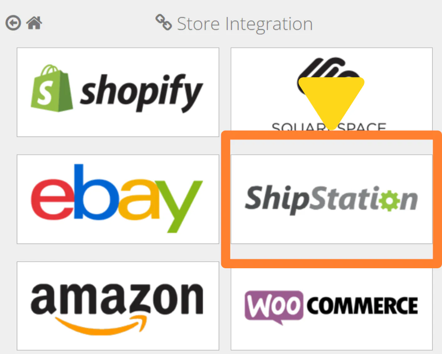 Store Integration page displaying available integration tiles including ShipStation