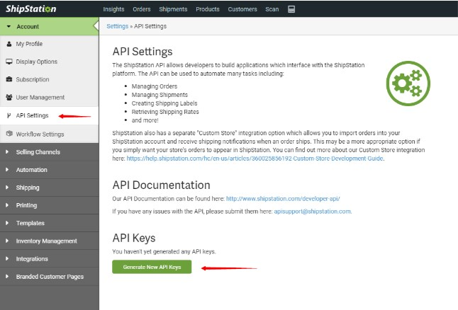 ShipStation API Settings page showing Generate New API Keys button