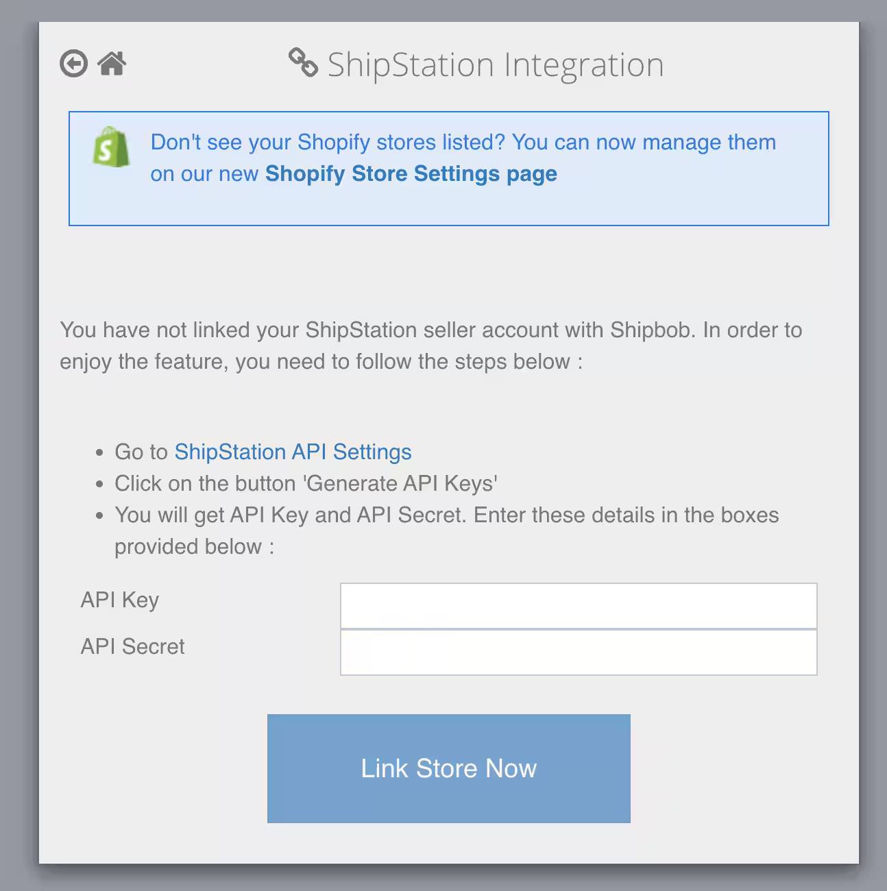ShipStation integration page with API Key and API Secret input fields