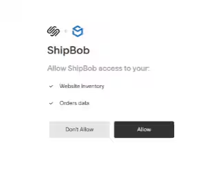 Squarespace authorization screen showing ShipBob access permissions