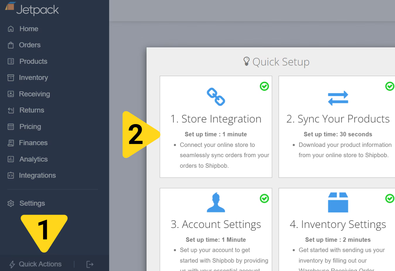 Quick Setup modal showing Store Integration as step 1