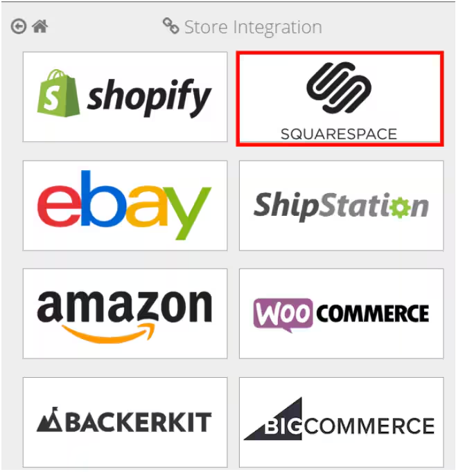 Store Integration page showing Squarespace tile among other platform options