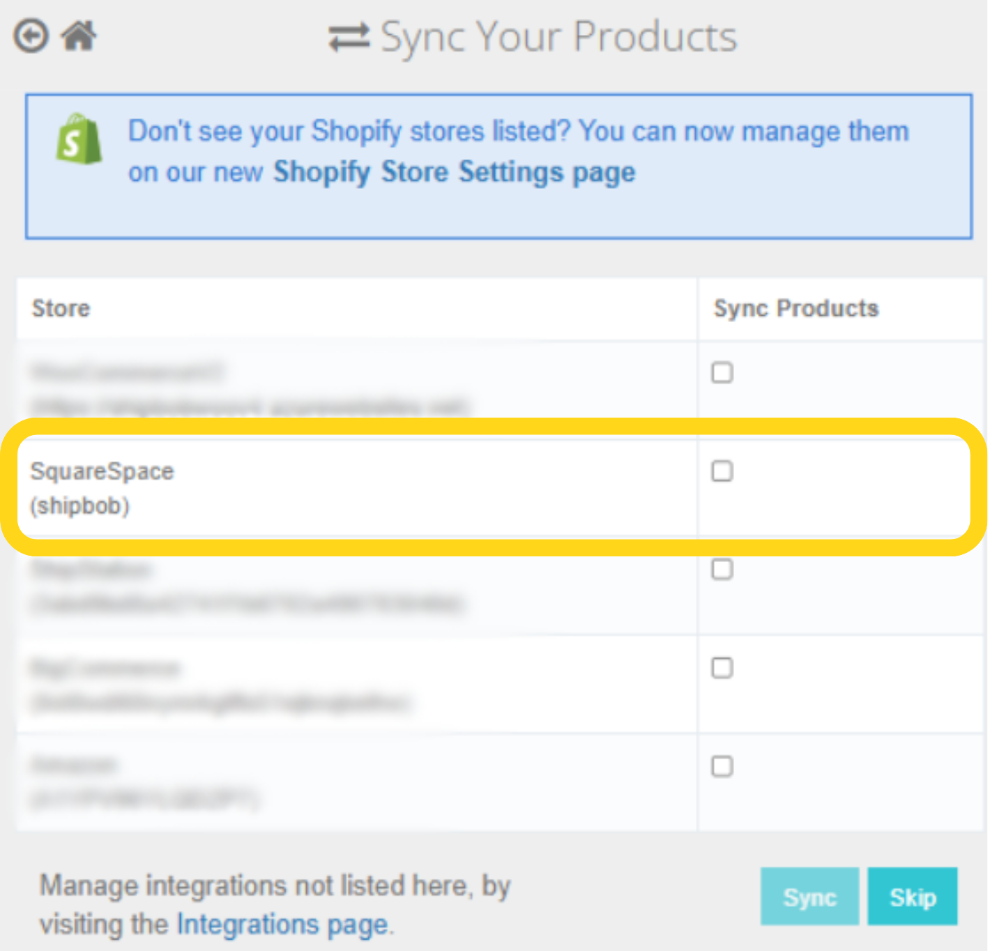 Sync Your Products page showing Squarespace store in the list