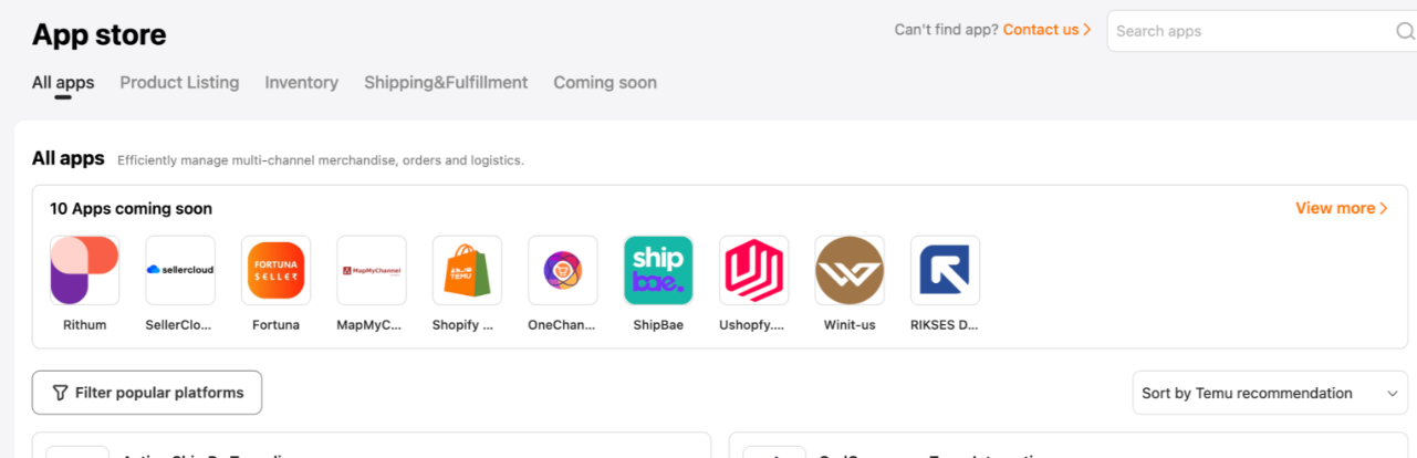 Temu App Store page showing ShipBob tile with Authorize button