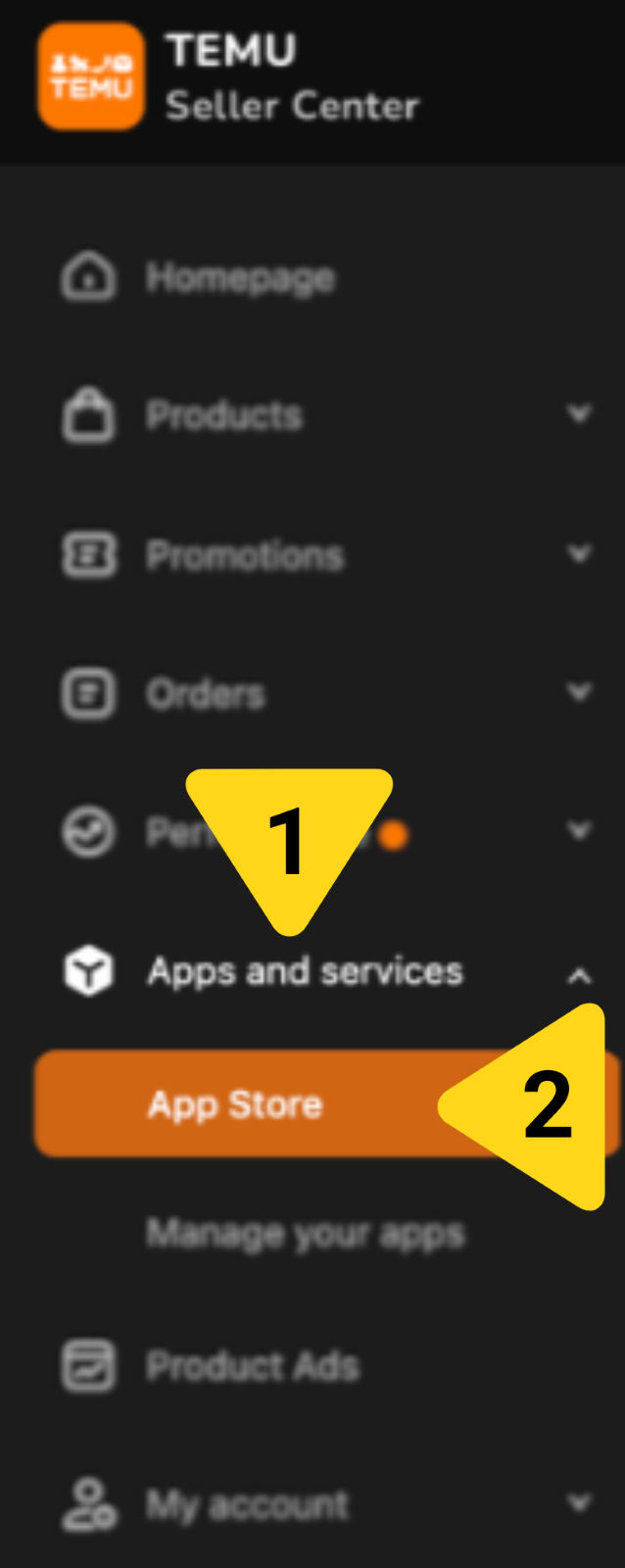 Temu Seller Center navigation showing Apps and services expanded with App Store option