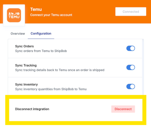 Configuration tab showing Disconnect integration section with Disconnect button