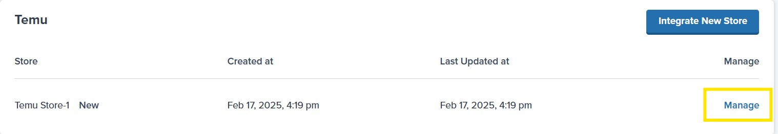 Temu store management page showing connected stores with Manage links