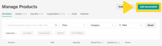 Manage Products page with Add New Product button highlighted