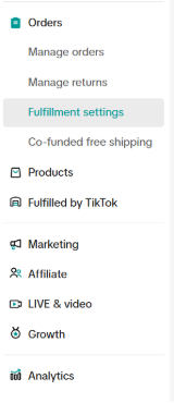 TikTok Orders menu showing Fulfillment settings option