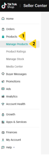 TikTok Seller Center navigation showing Products menu with Manage Products option