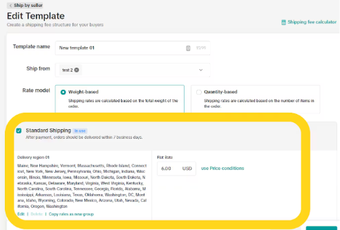 Shipping configuration showing Standard Shipping, Economy Shipping, and Express Shipping options with flat rate fields