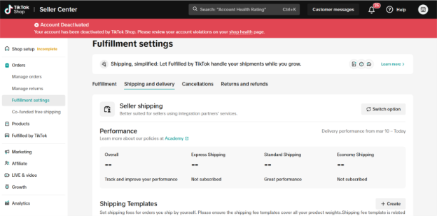 Fulfillment settings page with Shipping and delivery tab and Create button