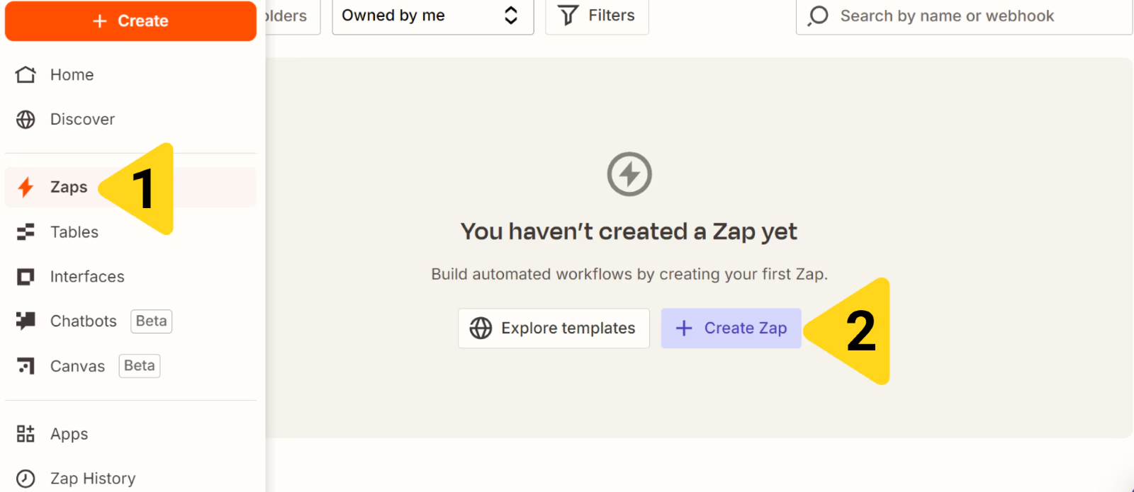 Zapier interface showing Zaps navigation and Create Zap button