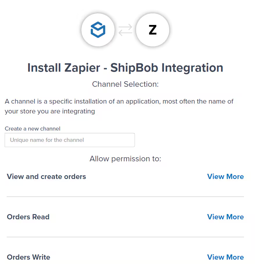 ShipBob permission screen showing required access for Zapier integration