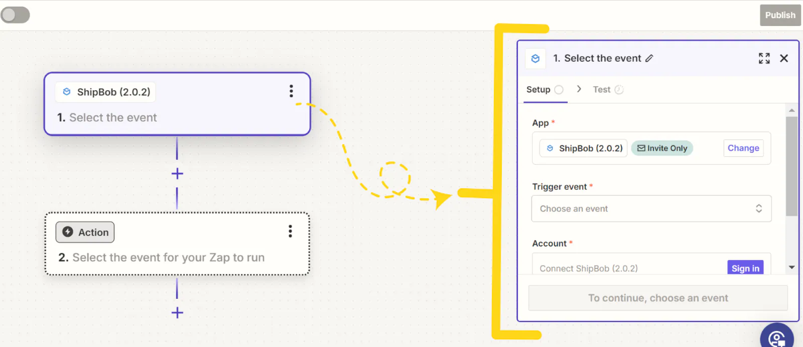 Zapier trigger selection showing ShipBob app and trigger event options