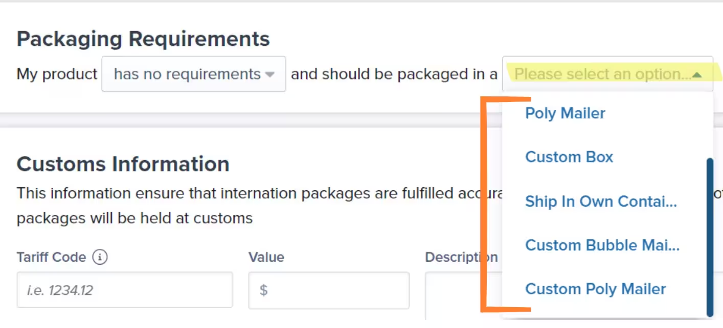 Packaging Requirements dropdown showing custom packaging options including Custom Box, Custom Poly Mailer, and Custom Bubble Mailer