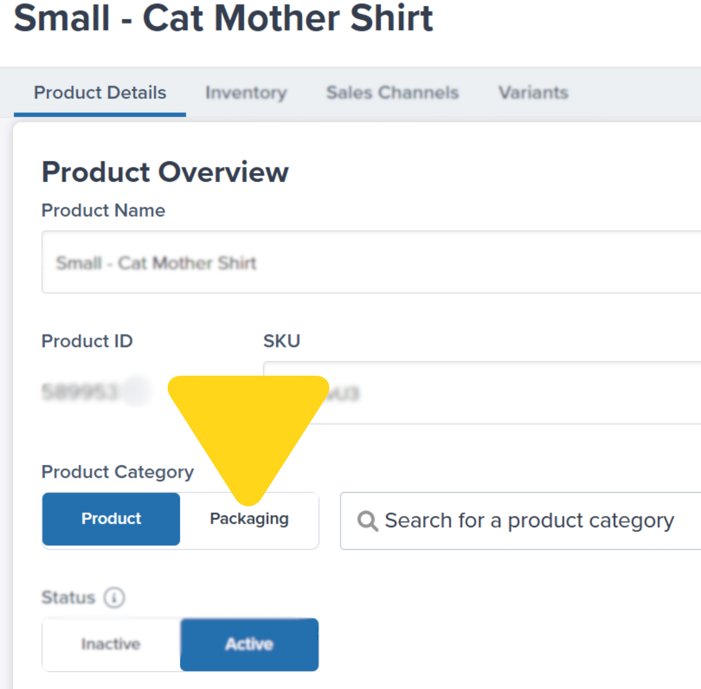 Product details page showing Packaging tab with category dropdown options