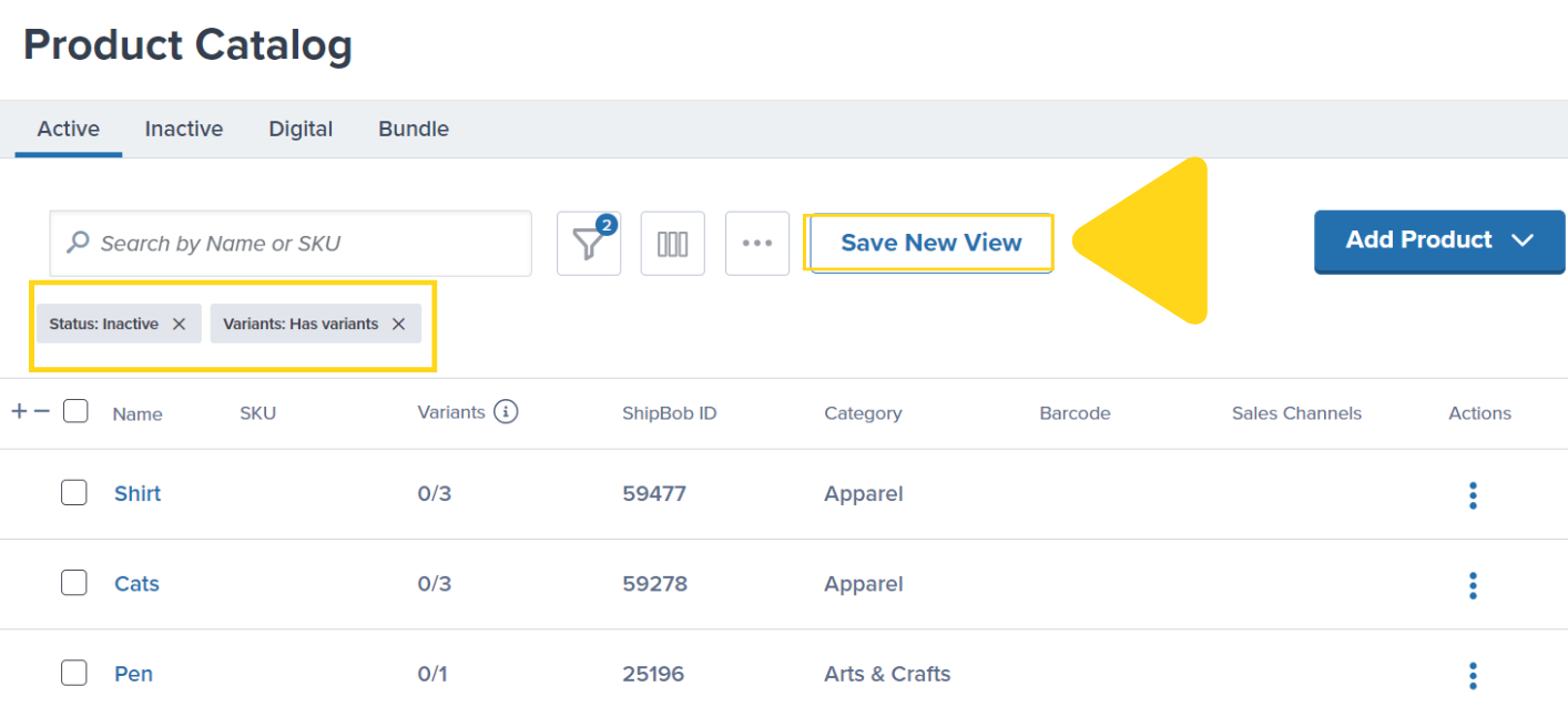 Save New View button on Product Catalog page